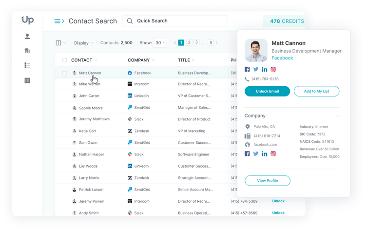 Screenshot of UpLead dashboard with contact search feature